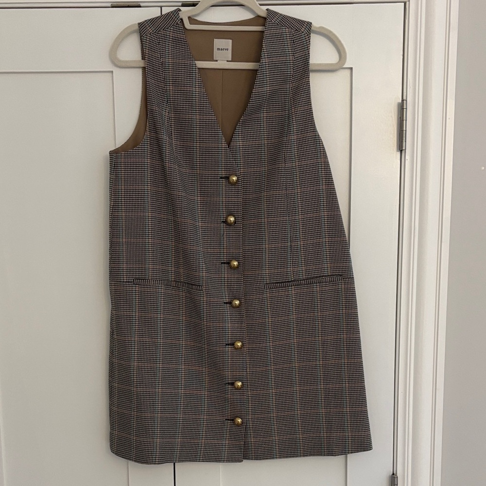 Maeve Brown Checked Button-Front Sleeveless Mini Dress
